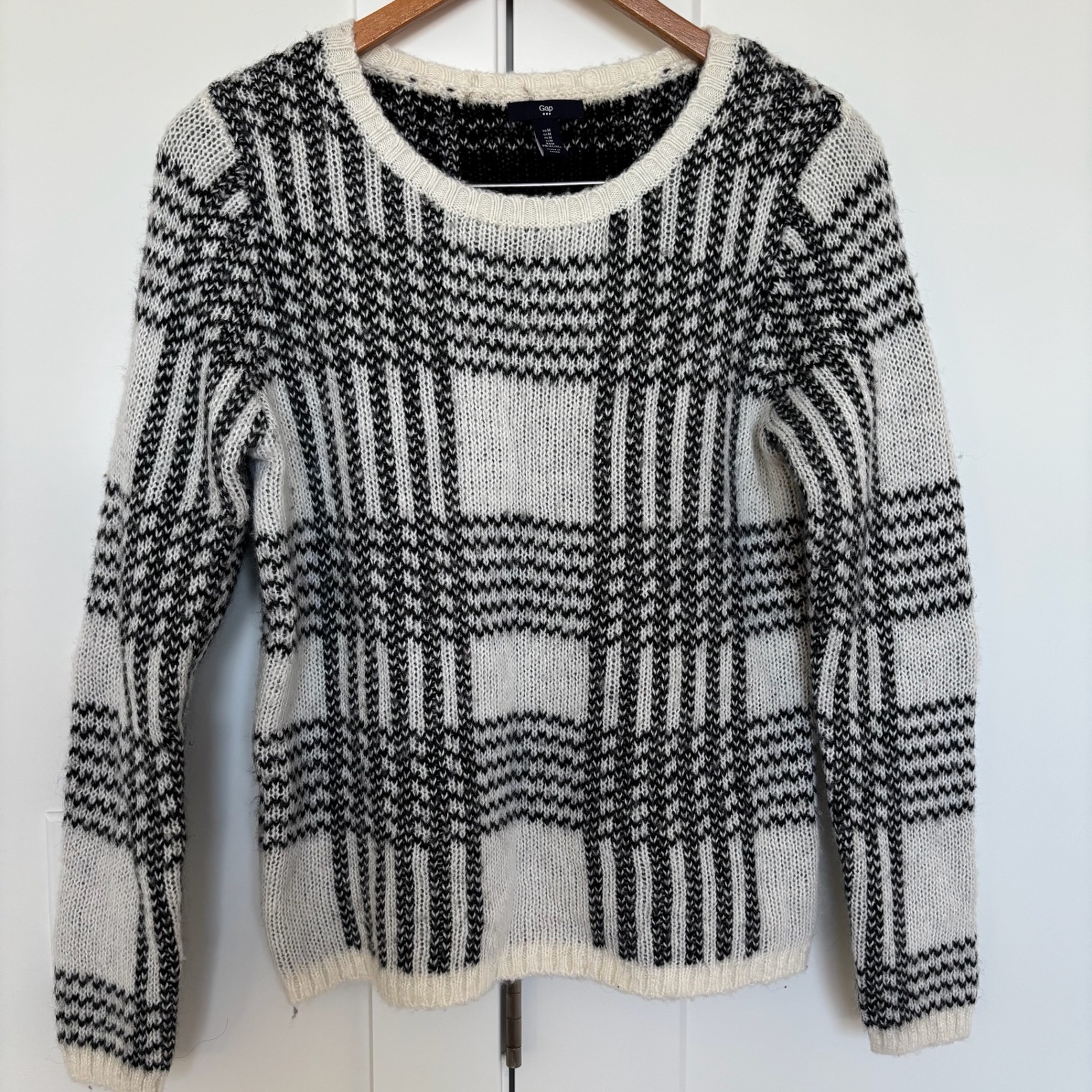 Gap Women Sweater Plaid Knit Wool Blend Black White Size Medium